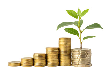 gold coin stack and plant sprouting isolated on transparent background, PNG file