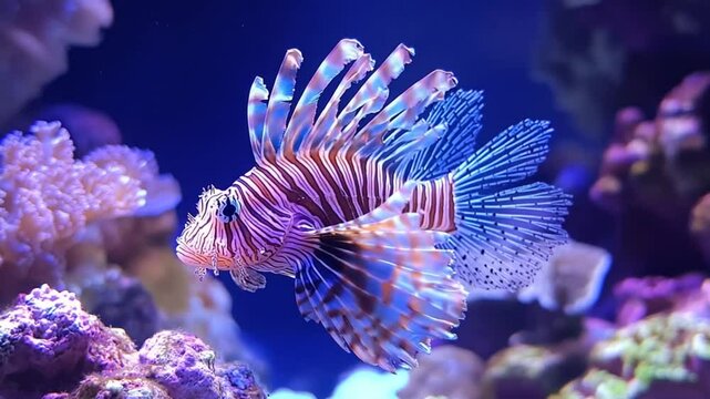 Exotic lionfish gracefully swimming in a vibrant coral reef aquarium environment