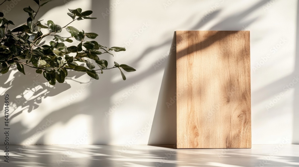 Poster Blank wooden sign showcases smooth texture and versatile design while leaning against a white backdrop, offering ideal space for personalized projects