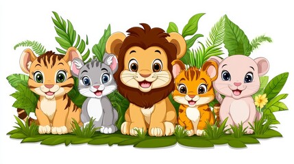 Naklejka premium Enchanting depiction of five endearing baby wild animals nestled among verdant foliage capturing the essence of playful charm and wildlife allure