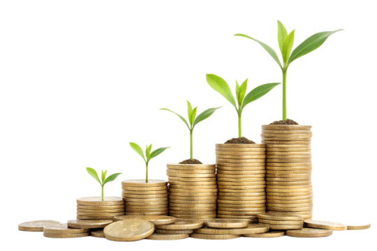 Investment and growth symbol, gold coins stack with plant growing isolated on transparent background, PNG file for financial concept

