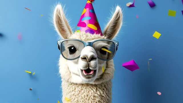 Festive White Alpaca with Party Hat and Sunglasses on Blue Background
