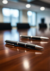 two sophisticated black pens on a polished wooden table