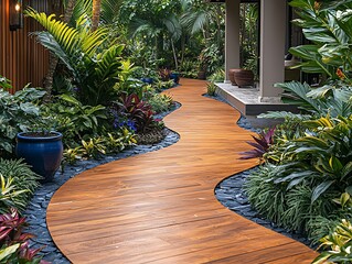 Obraz premium Winding wood path through lush tropical garden