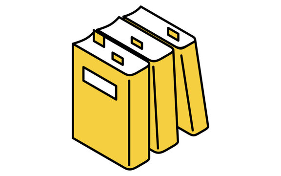 Simple line drawing icon of several books with sticky notes, isometric illustration