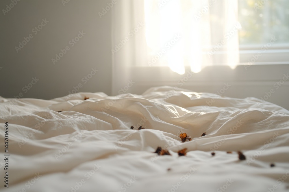 Poster close-up of a white mattress protector stretched across a well-made bed, illuminated by soft natural