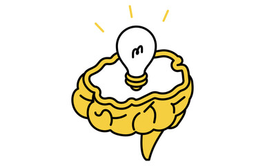 Image of brain and glowing light bulb inspiration, Simple line drawing icon, isometric illustration