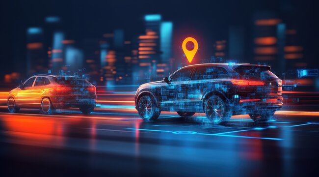 Autonomous vehicles navigating a city at night.  Sophisticated technology displayed around the cars, highlighting location and connectivity