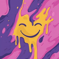 Melting smiley face with vibrant 90s colors, retro wave pattern.