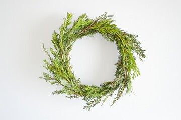 Lush green wreath crafted from various evergreen sprigs, arranged in a circular shape against a plain white backdrop