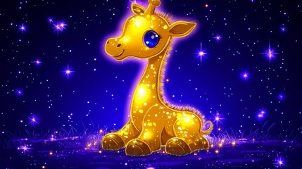 Enchanting golden giraffe illustration against a cosmic night sky backdrop creating a whimsical and magical atmosphere for childrens content and fantasy themes