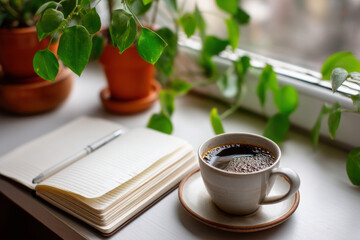 Cozy scene featuring cup of coffee, notebook, and lush green plants by window, creating warm and inviting atmosphere