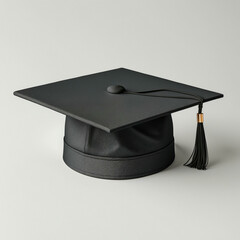 A black graduation cap with a black tassel and a gold accent placed on a light background