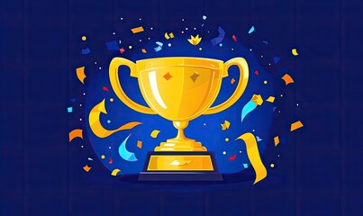 A golden trophy with confetti and ribbons on a blue background