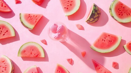 Watermelon slices and pink marshmallows arranged on a pink background.