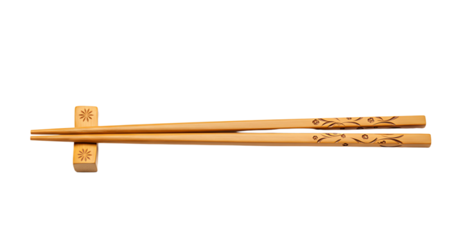 Elegant wooden chopsticks with floral design resting on a chopstick holder