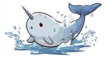 Cute Cartoon Narwhal Swimming in Water
