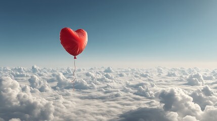 Fototapeta premium Red heart balloon above clouds