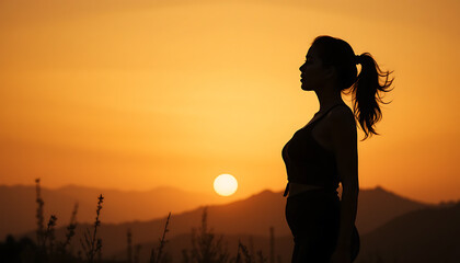 Silhouette of Woman Contemplating Sunset Landscape