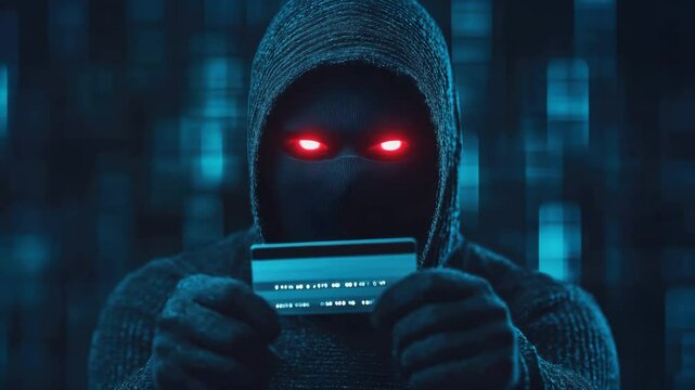 A masked digital thief holding a credit card and data strings, symbolizing identity theft.