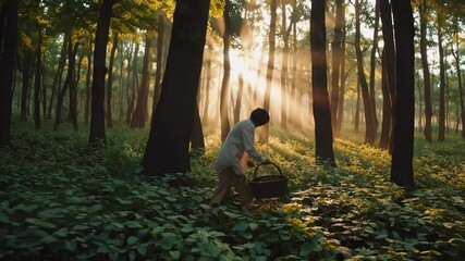 A person walking through a lush forest gathering Ayurvedic herbs in early morning light with mist rising among the trees creating a calm healing atmosphere - Powered by Adobe