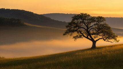 A majestic oak tree on a grassy hillside during sunset