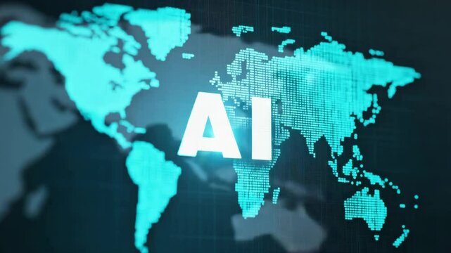 The word "AI" in the center of the image with a world map background symbolizes that whoever controls data, technology, and AI controls the world. Power of data.