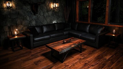 A luxurious living room interior with a black leather sectional