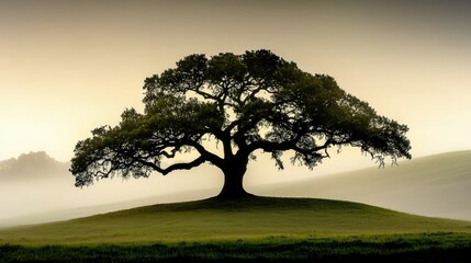 Fototapeta premium A beautiful large tree silhouetted on a grassy hill during the day