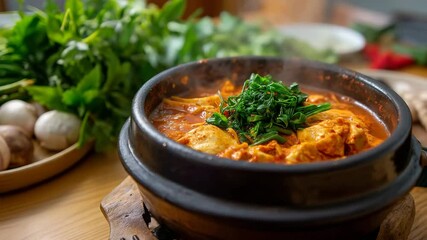A steaming hot pot of stew with fresh greens, served in a traditional stone pot, inviting warmth and comfort, perfect for sharing delightful culinary moments with loved ones.