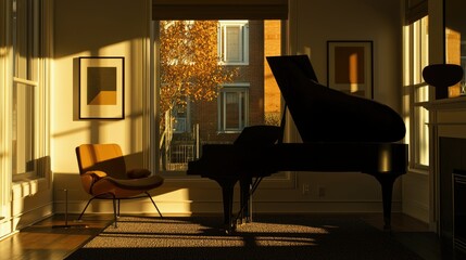 A grand piano and warm sunlight filling a serene living space