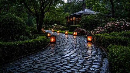 A cobblestone path illuminated by glowing lanterns in a garden