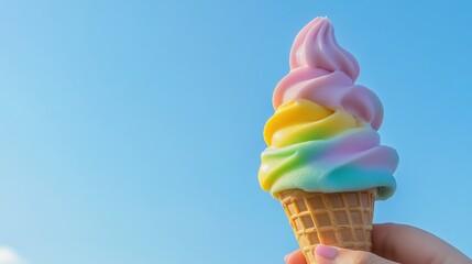A melting ice cream cone in bright pastel colors held against a clear blue sky.