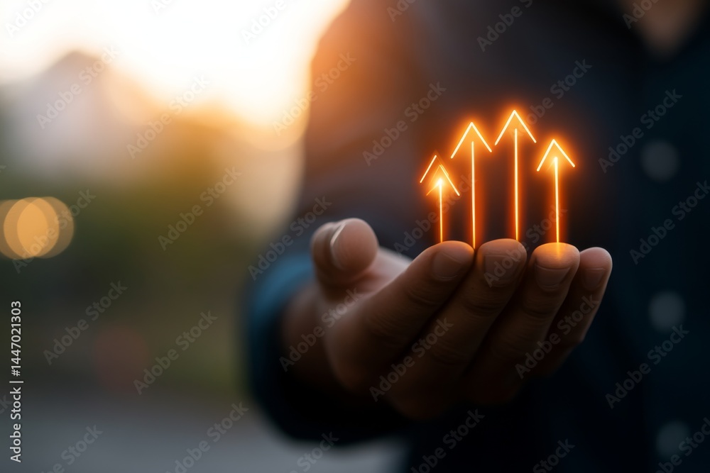 Poster a businessman holds glowing arrows that symbolize growth and success, showcasing a dynamic design wi