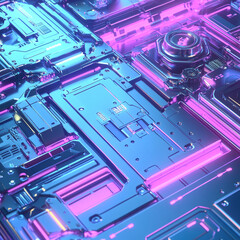 Futuristic circuit board background with glowing lines, microchip patterns, and blue neon tones, symbolizing high-tech electronics, digital connections, and modern computing infrastructure.

