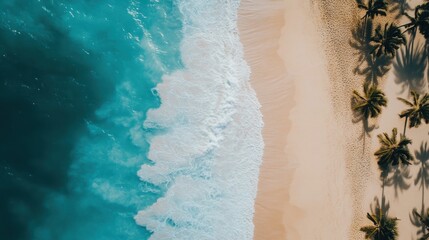 A tropical beach with golden sand, turquoise waves, and palm trees swaying under the bright summer sun.