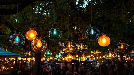 Colorful hanging lights illuminate a gathering in the evening setting