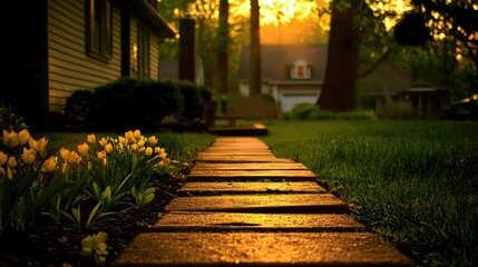 A wooden path leads to a house at golden hour sunlight