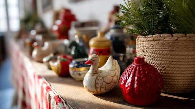 A charming display of colorful ceramic figurines arranged on a rustic wooden table, highlighting artistic craftsmanship and the beauty of handmade objects in daily life.