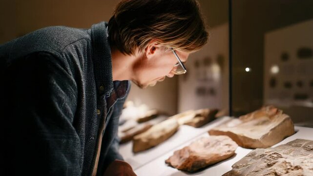 A young man carefully studies fossils in a museum exhibit, showcasing curiosity and a passion for science as he engages with natural history and the past.