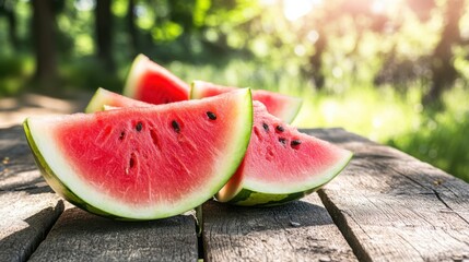 Refreshing watermelon slices on a wooden picnic table, perfect for a hot summer day.