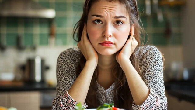 Young woman looking frustrated at a salad in a cozy kitchen with fresh ingredients around