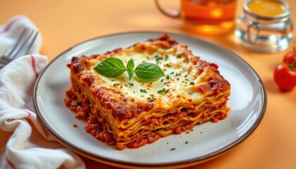 Vibrant lasagna set in the bottom right corner on a light orange background, in a modern food photography style, with golden warmth, open space, high resolution