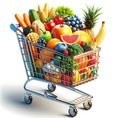 A shopping cart full with various groceries.Side view of shopping cart filled with groceries and vegetables