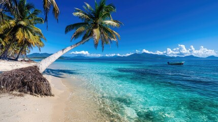 Picturesque tropical beach with palm trees and a small boat