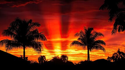 Silhouetted tropical palm trees against a colorful sunset sky