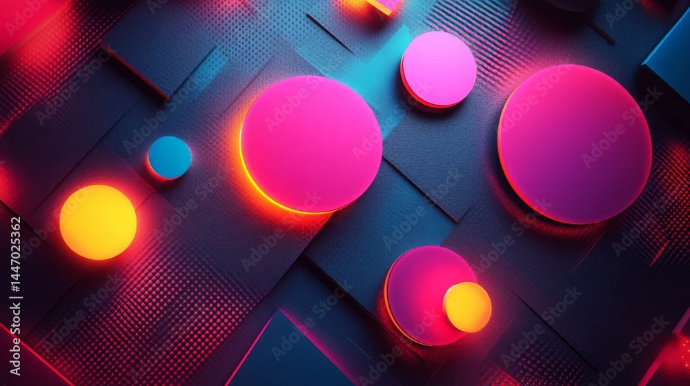 Poster iridescent spheres arranged on dark textured substrate with dynamic lighting effects to create an ar