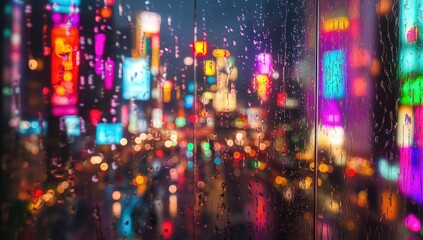 A blurry city street at night, viewed through a rain-streaked window, with vibrant neon signs reflecting in the water droplets