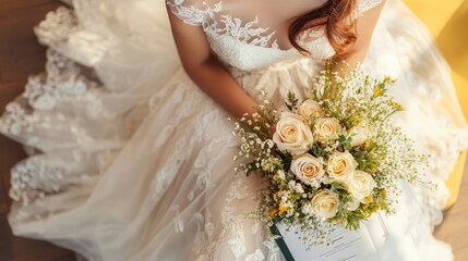 Naklejka premium Bride holding wedding bouquet, sitting on yellow chair.