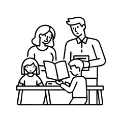 parents helping with homework icon, parents helping with homework line art - simple line art of parents helping with homework, perfect for parents helping with homework logos and icons